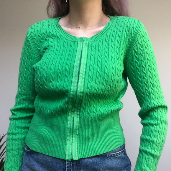 Tommy Hilfiger Sweaters - Tommy Hilfiger Bright Green Preppy Zip-up Cableknit Cardigan Size M